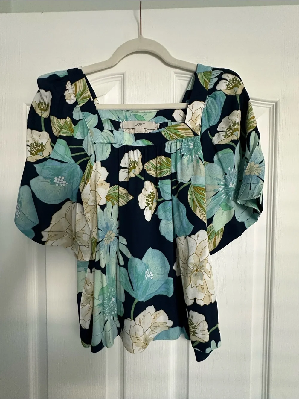 LOFT NWOT Navy Floral Square-Neck Blouse with Blue & White Flowers Never Worn!